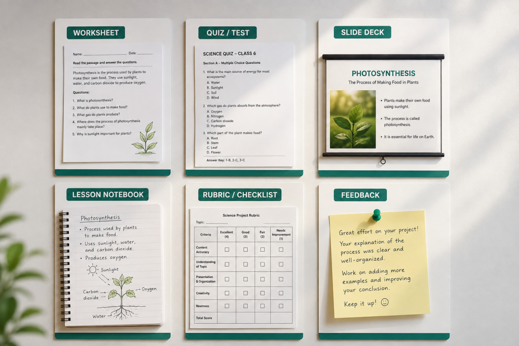 AI-generated teaching materials — worksheets, quizzes, slides and rubrics