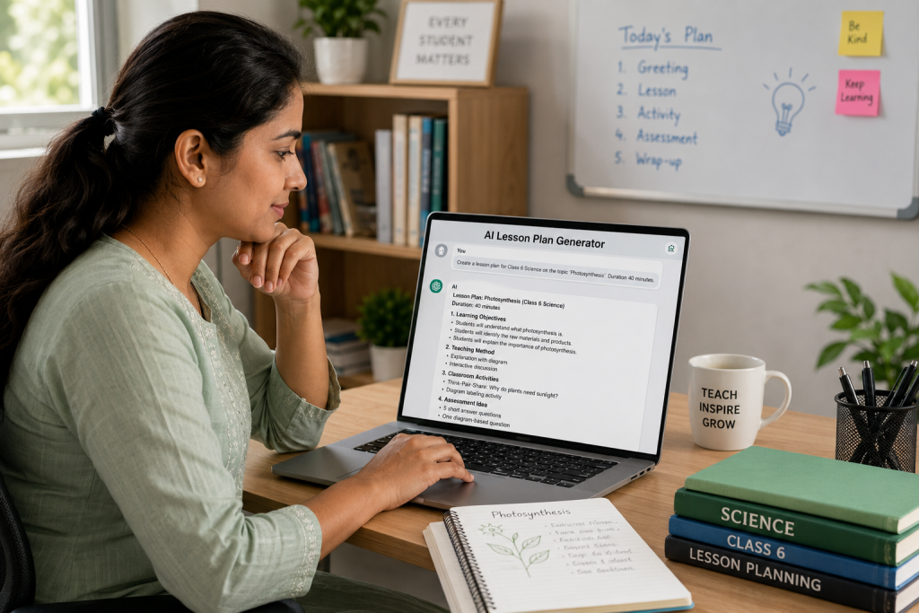 Teacher using an AI lesson plan generator on a laptop