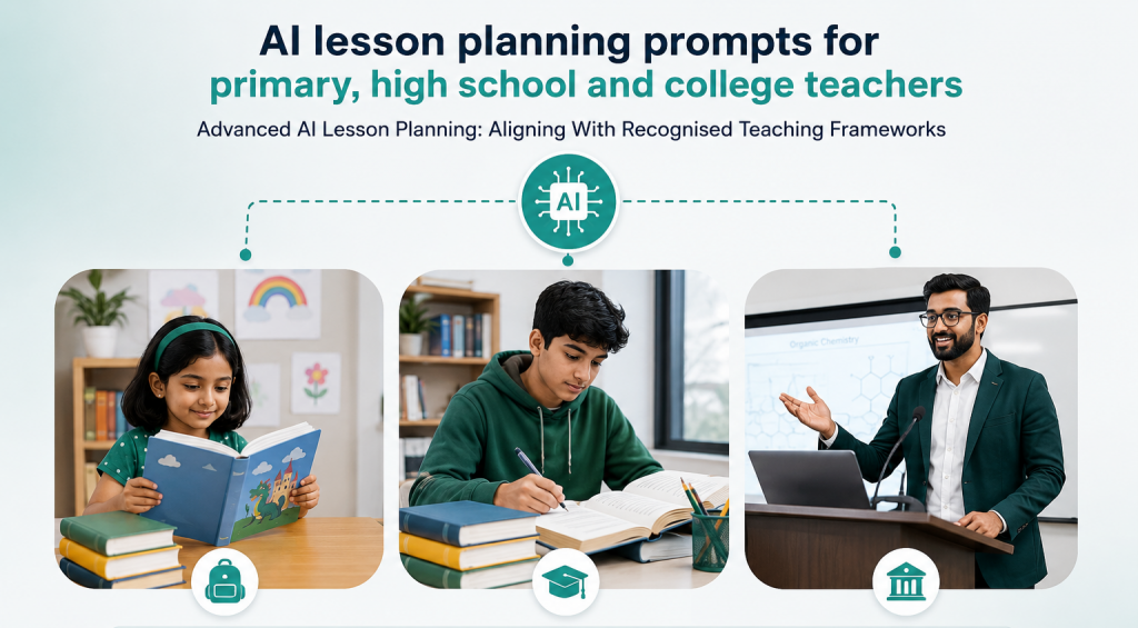 AI lesson planning prompts for primary, high school and college teachers.