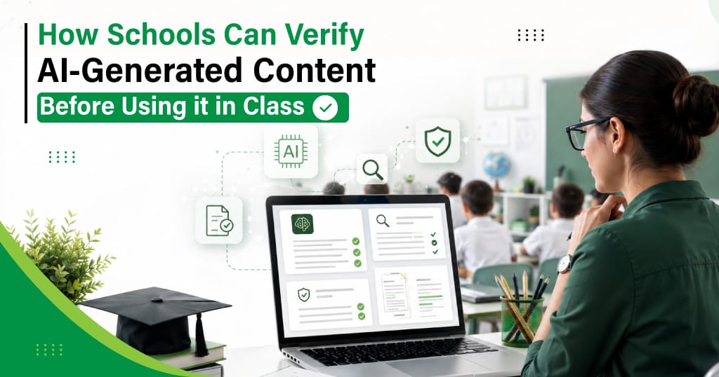 Teacher reviewing AI-generated content verification checklist on laptop in a classroom