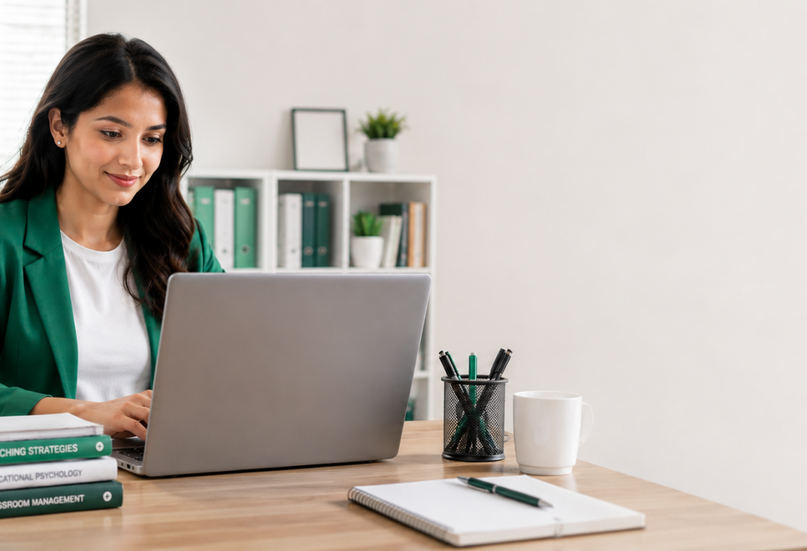 Teacher using an AI lesson plan generator on a laptop