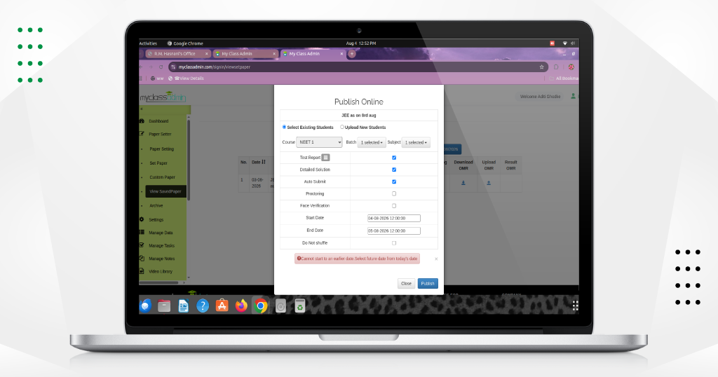 MyClassAdmin question paper publishing screen showing verified NEET question paper setup