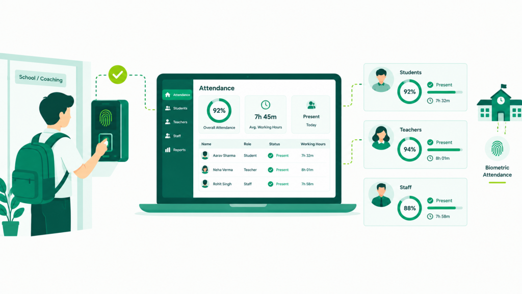 Biometric fingerprint attendance software dashboard showing student, teacher, and staff attendance percentage