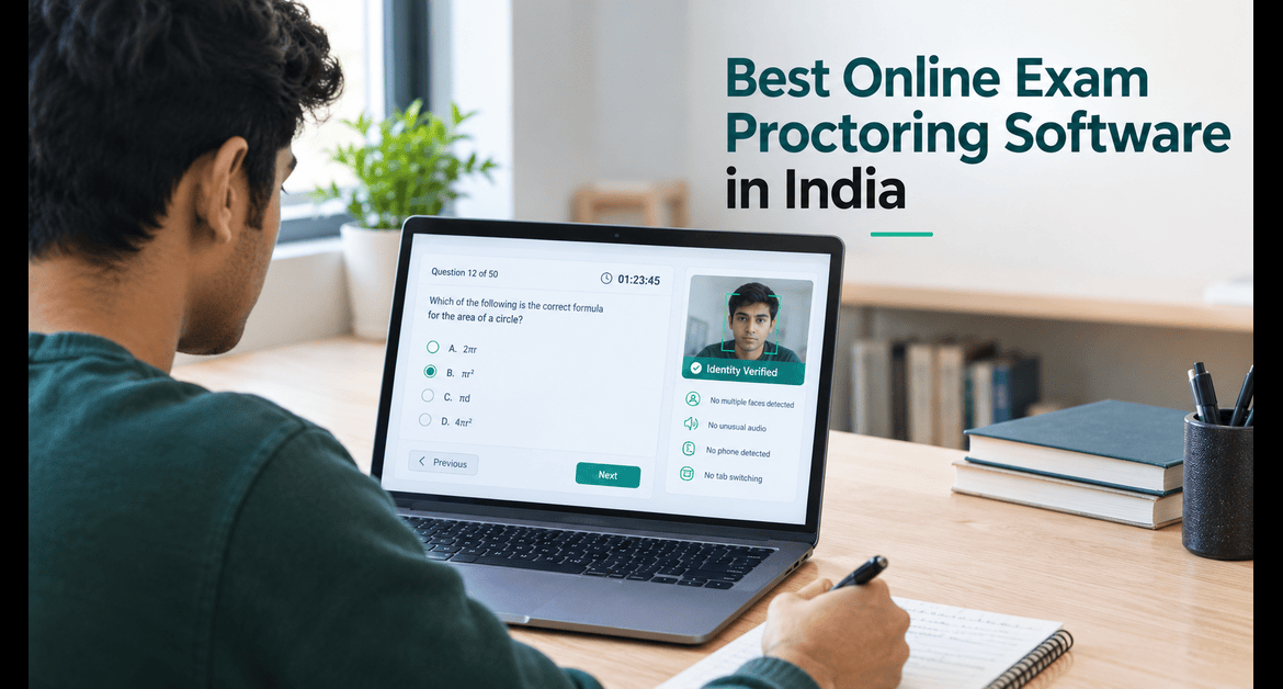 Student taking an online exam with AI proctoring software on laptop