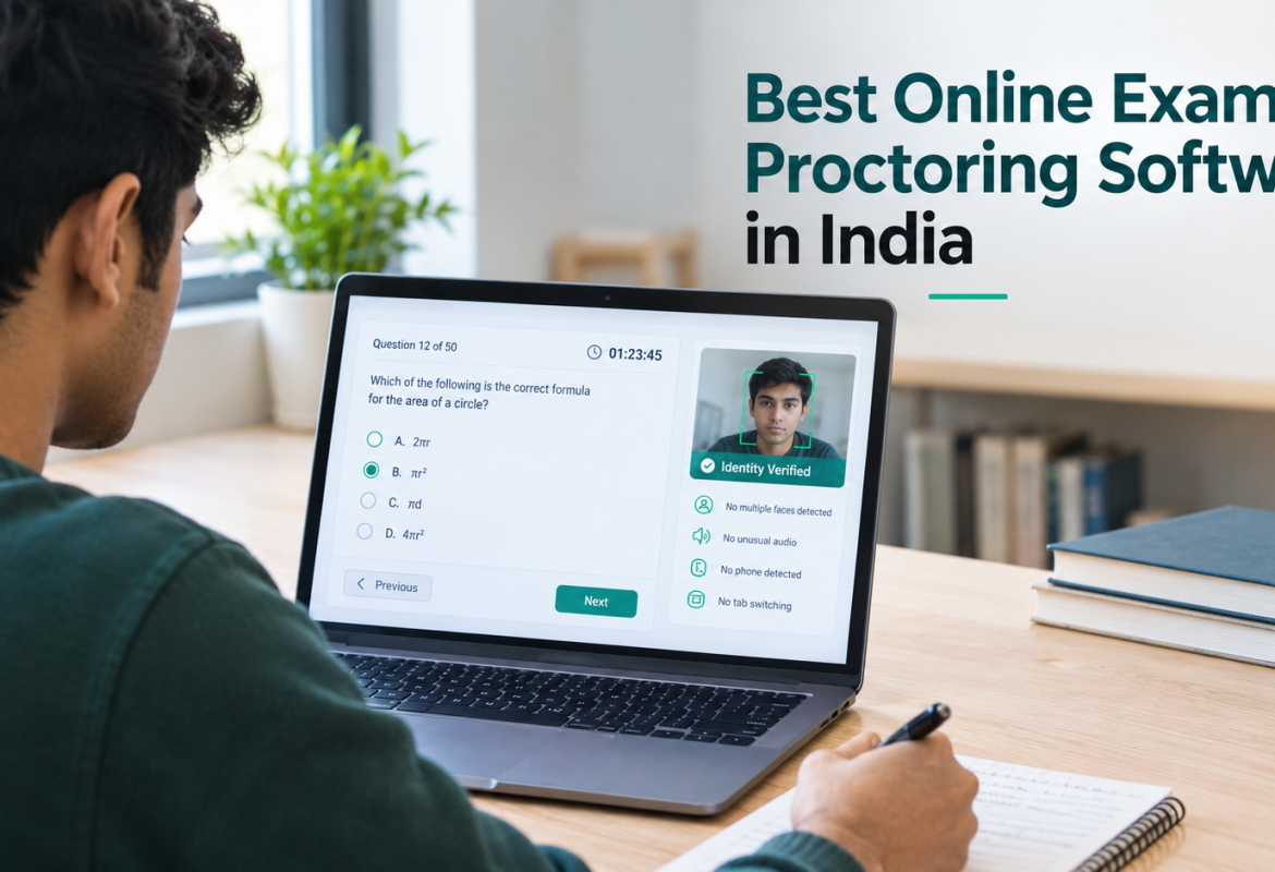 Student taking an online exam with AI proctoring software on a laptop