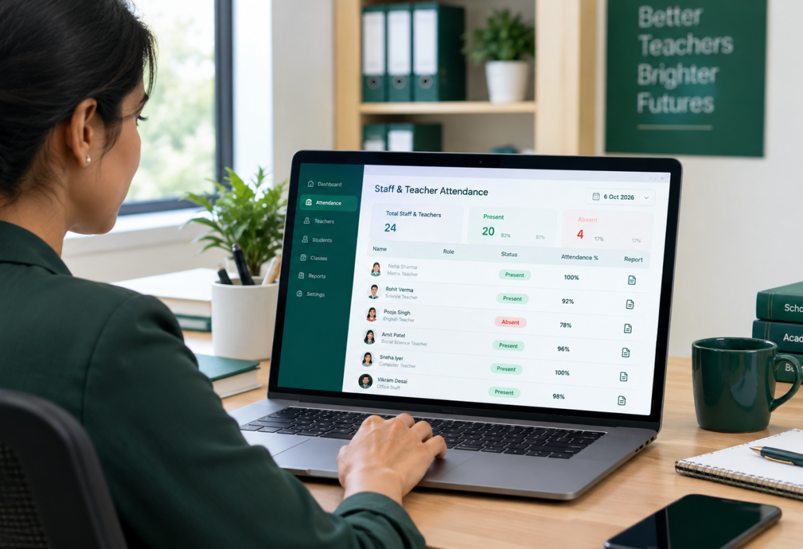 Teacher attendance software dashboard for managing school staff attendance