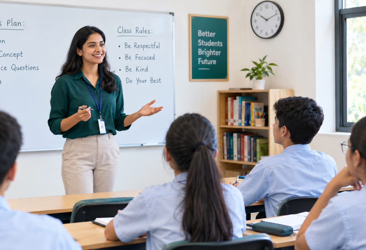 Teacher using classroom management techniques with a focused class of students.