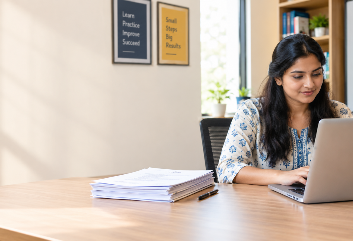 Teacher creating exam papers on a laptop with printed papers on a desk