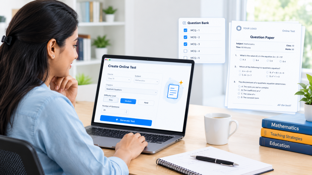 Teacher creating an online test on a laptop using a question paper generator and question bank
