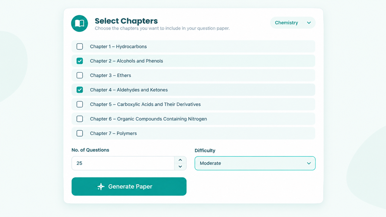 Selecting chapters, question count and difficulty to set a question paper in MyClassAdmin