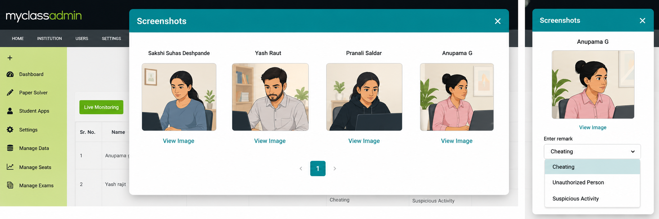 AI proctoring dashboard showing detected violations including mobile phone usage and tab switching