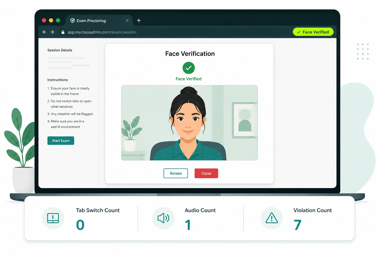 AI proctoring software showing live face verification during an online exam