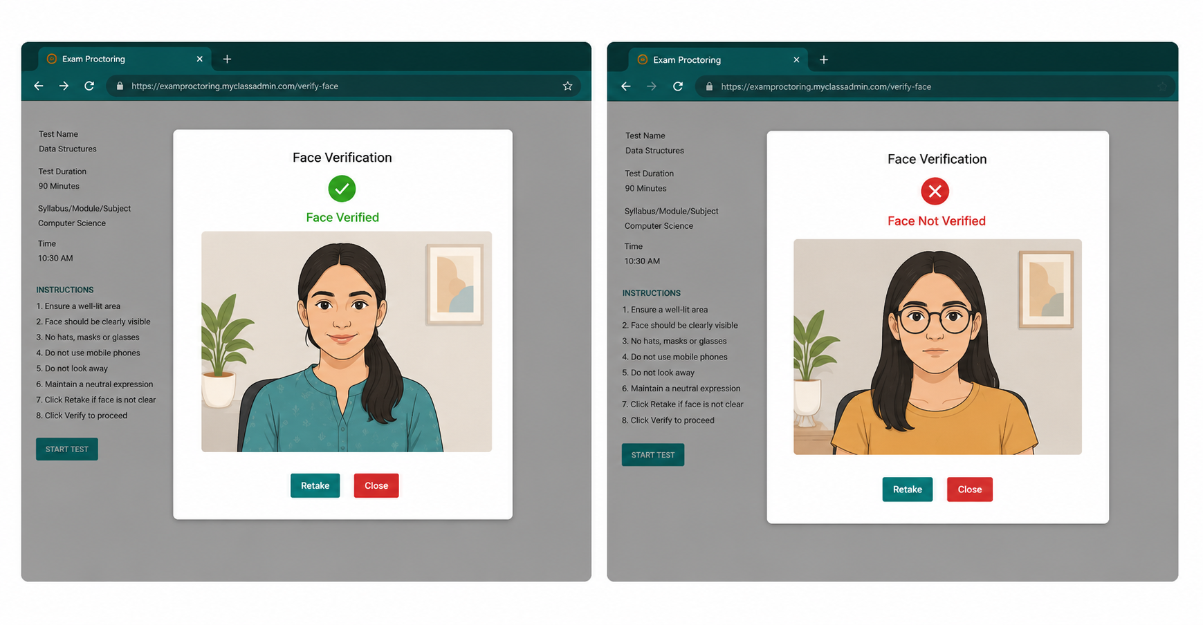 Face verification screen in MyClassAdmin AI proctoring software
